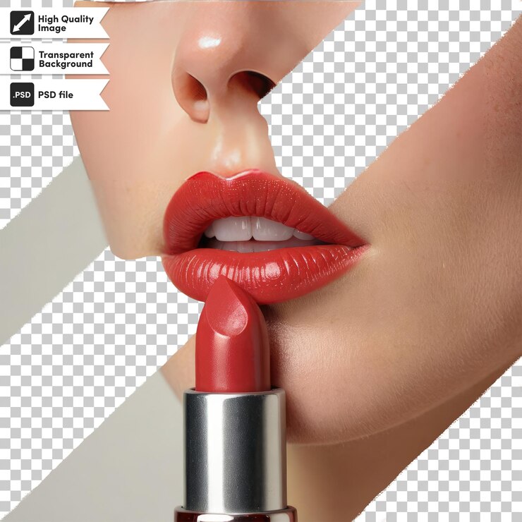 PSD mujer psd aplicando lápiz labial rojo sobre un fondo transparente con capa de máscara editable