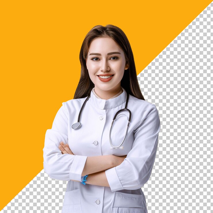 Una mujer de PSD con una bata de laboratorio blanca se encuentra frente a un fondo amarillo con un fondo transparente