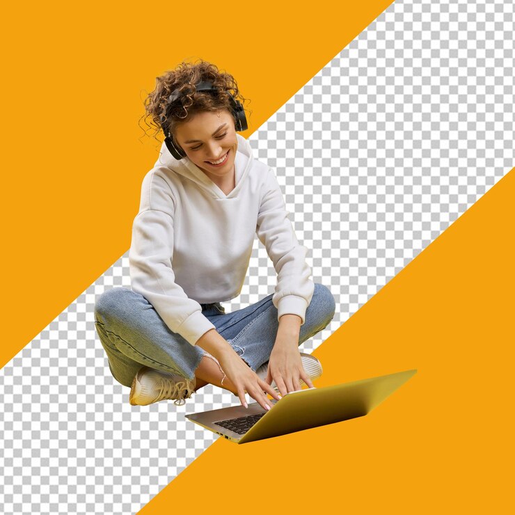 La mujer de PSD está sentada en un pedazo de papel con fondo transparente