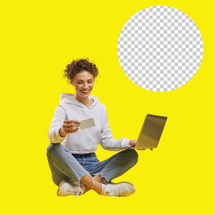 La mujer de PSD está sentada en un pedazo de papel con fondo transparente