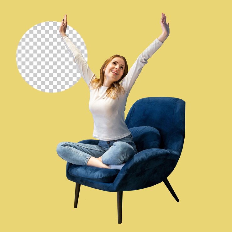 La mujer de PSD está sentada en una silla con los brazos extendidos con un fondo transparente