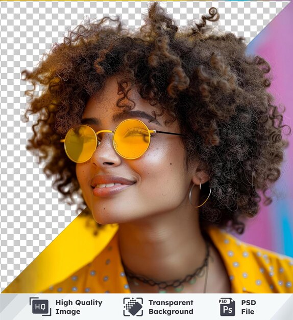 PSD mujer de psd transparente de alta calidad con un peinado afro sonriendo y usando gafas de sol accesoriadas con un pendiente de plata y un collar con una oreja pequeña visible en primer plano