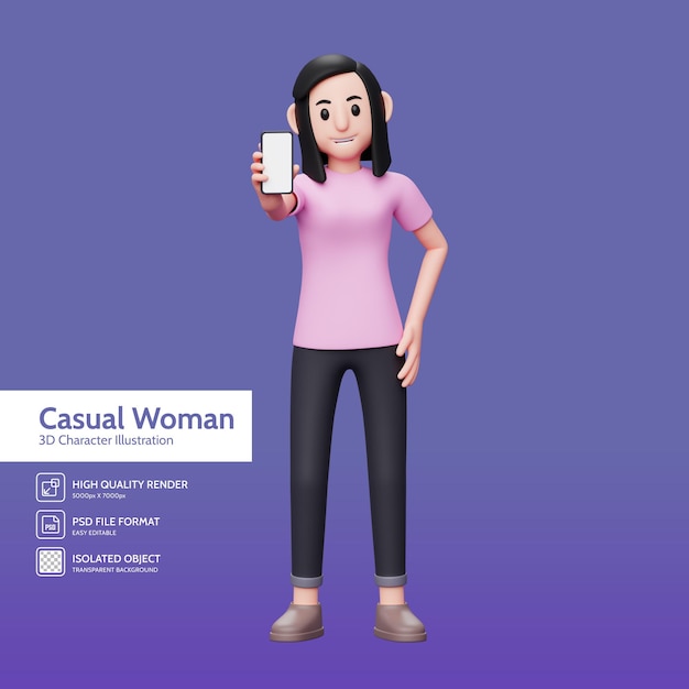 PSD mujer que muestra la pantalla del teléfono y la mano izquierda en la cintura, ilustración de personaje de render 3d