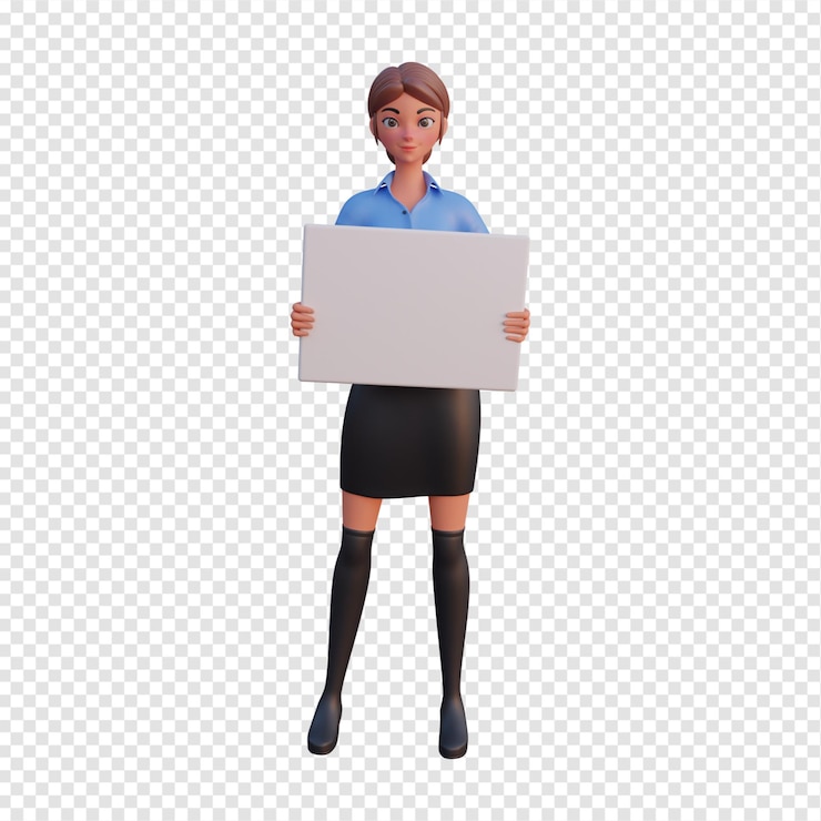 PSD mujer que sostiene la ilustración de personaje 3d de tablero blanco vacío