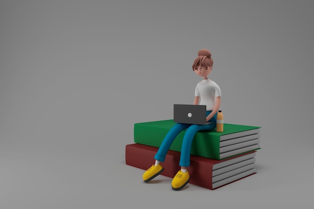 Mujer que trabaja en la computadora portátil mientras está sentada en el libro sobre fondo aislado 3d ilustración Personajes de dibujos animados