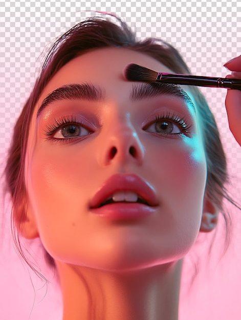 Mujer radiante perfeccionando sus cejas en suave luz rosa