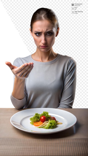 Mujer rechazando un plato de comida con una expresión decepcionada en un fondo transparente