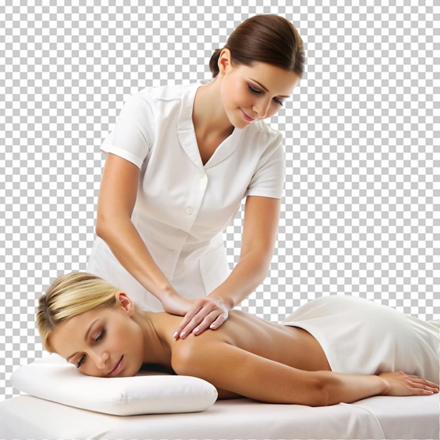 mujer recibiendo un masaje de espalda de una mujer nasseur en un fondo transparente