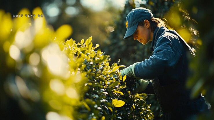 PSD mujer recogiendo hojas de té en una plantación iluminada por el sol