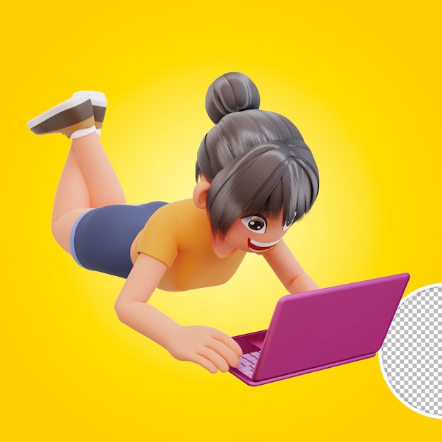 Una mujer recostada sobre un fondo amarillo con una laptop morada.
