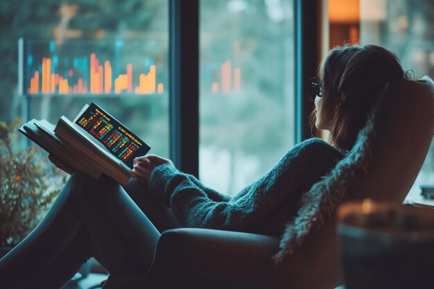 Mujer relajada revisando datos financieros en una tableta mientras está sentada junto a una ventana
