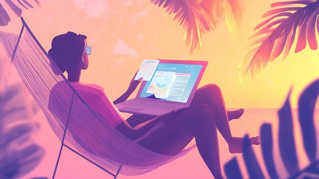 Mujer relajada trabajando en una computadora portátil en una hamaca en la playa al atardecer