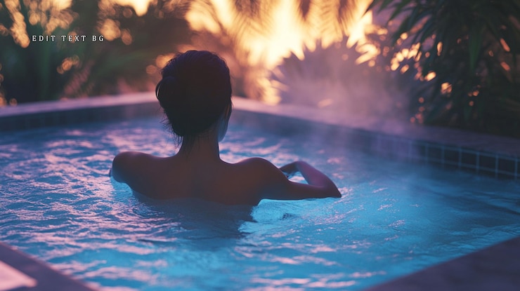 PSD mujer relajándose en una bañera de hidromasaje al atardecer disfrutando del agua cálida y la vista tropical
