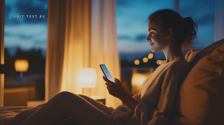 PSD mujer relajándose en la cama por la noche usando su teléfono inteligente