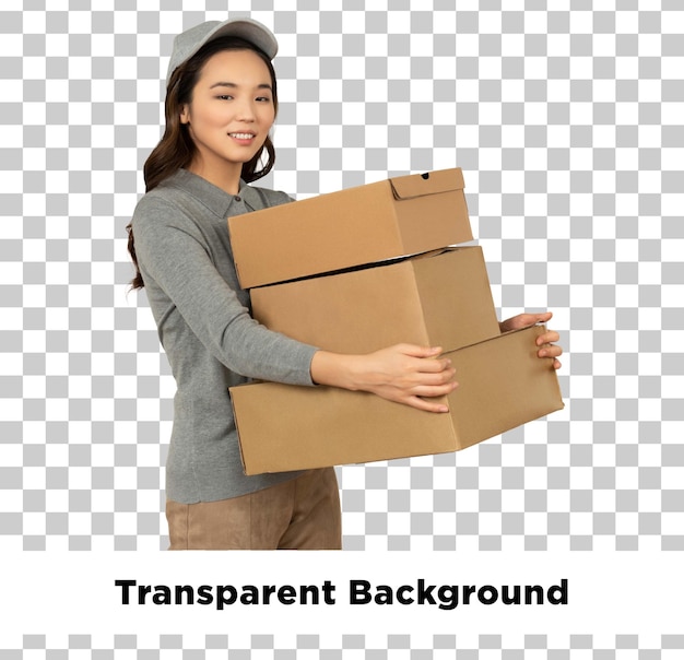 Mujer repartidora sosteniendo una pila de cajas con un fondo transparente