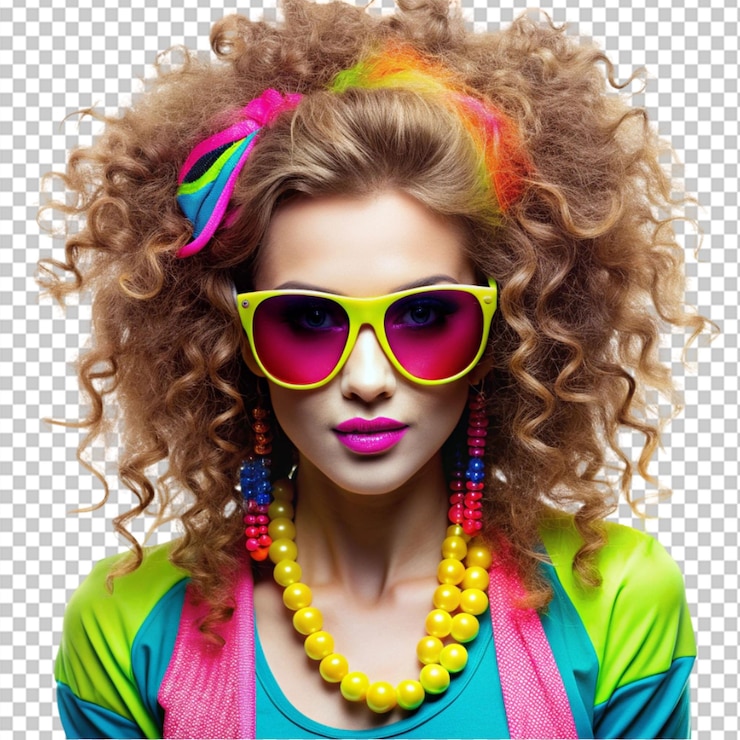 PSD mujer retro de la década de 1980 con cabello largo en tela de neón colorida sobre un fondo transparente