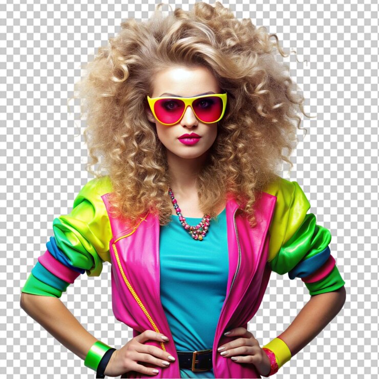 PSD mujer retro de la década de 1980 con cabello largo en tela de neón colorida sobre un fondo transparente