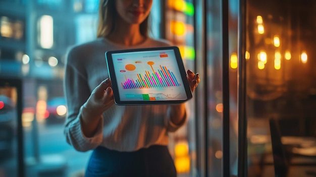 Mujer revisando datos financieros en una tableta en un café