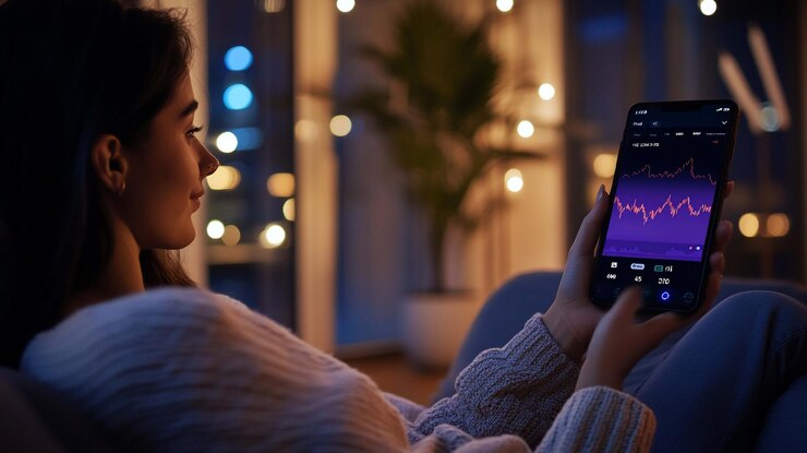 PSD mujer revisando datos del mercado de valores en un teléfono inteligente por la noche