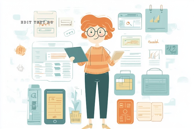 PSD mujer revisando datos en una tableta y una computadora portátil rodeada de documentos y dispositivos digitales