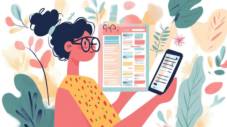 PSD mujer revisando el horario en la tableta y el teléfono en medio de un fondo floral