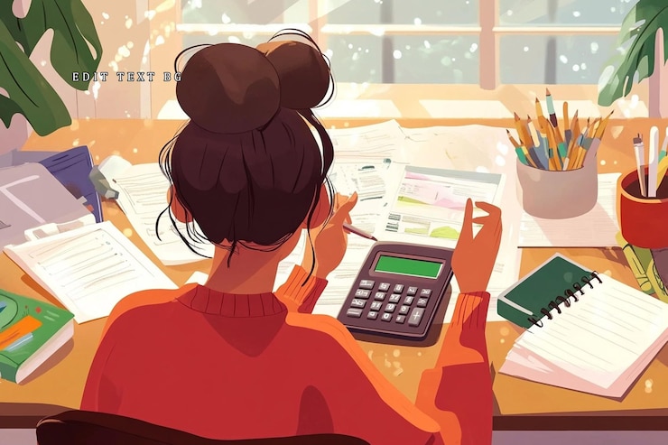 PSD mujer revisando papeles en el escritorio usando una calculadora