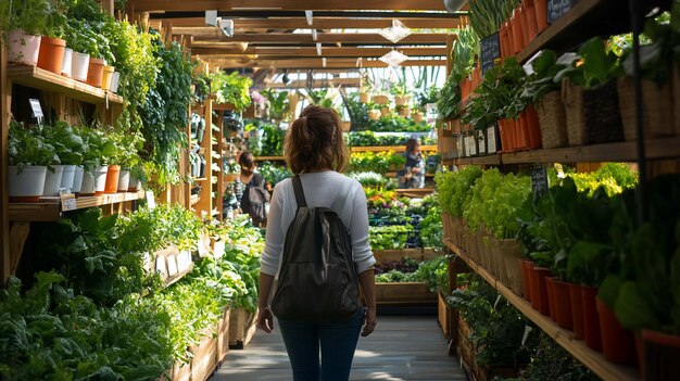 Mujer revisando plantas en un invernadero