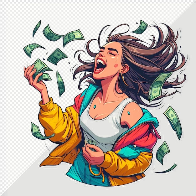 PSD una mujer se está riendo y lanzando dinero en el aire