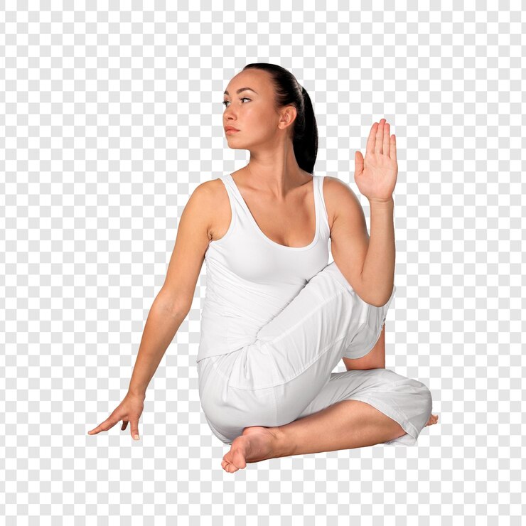 PSD mujer con ropa blanca practicando la postura de yoga