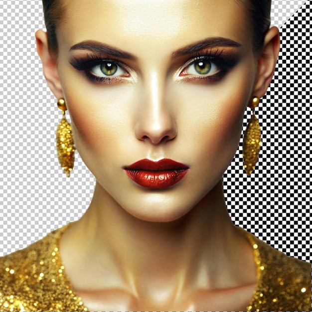 Una mujer con un rostro dorado y maquillaje dorado un brillo dorado en su cara