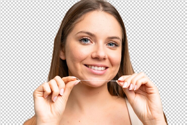 PSD mujer rubia joven sobre fondo de llave cromada aislada con hilo dental retrato en primer plano