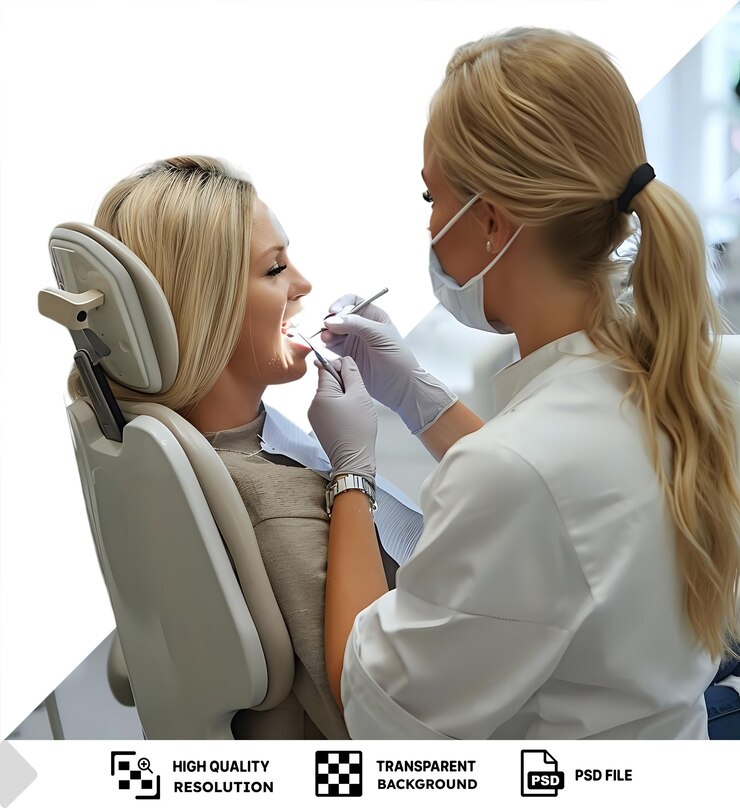 PSD una mujer rubia que tiene procedimientos en la oficina del dentista con una camisa blanca y auriculares plateados y blancos con un guante gris y blanco en su mano izquierda y un png psd blanco