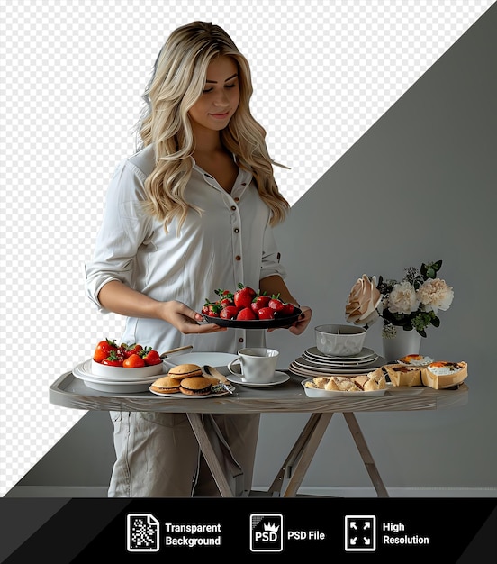 PSD mujer rubia transparente que sirve una mesa para el desayuno frente a una pared blanca y gris con una mesa de madera y un platillo blanco en el fondo lleva una camisa blanca y pantalones caqui png psd