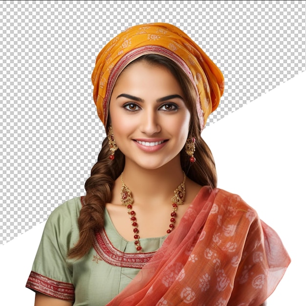 PSD una mujer con un sari naranja con pendientes de oro