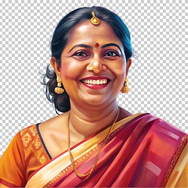 Una mujer en sari sonriendo.