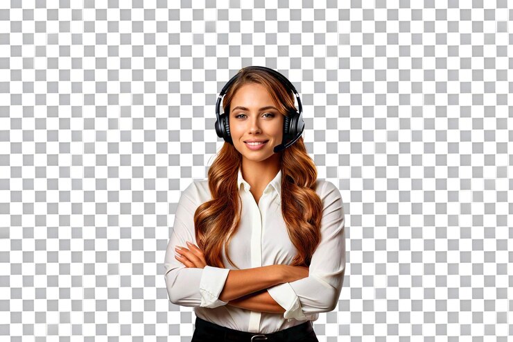 PSD mujer segura que usa auriculares se involucra en la comunicación y el apoyo en línea