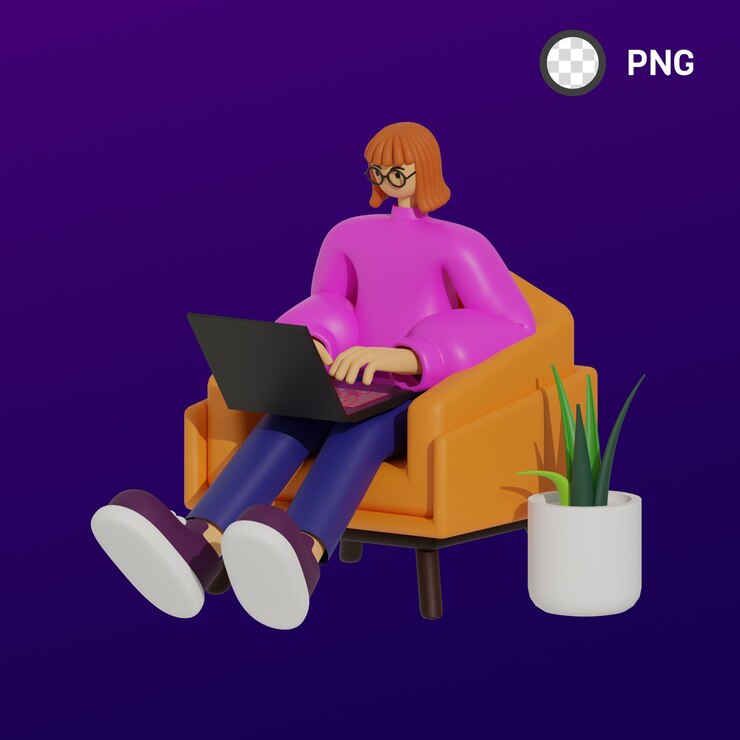 PSD una mujer sentada en una silla naranja con una computadora portátil en su regazo.