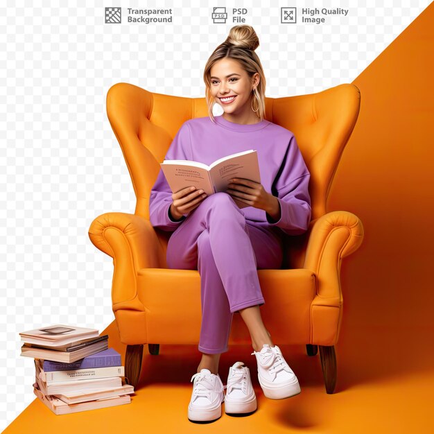 PSD una mujer sentada en una silla naranja con un libro titulado 