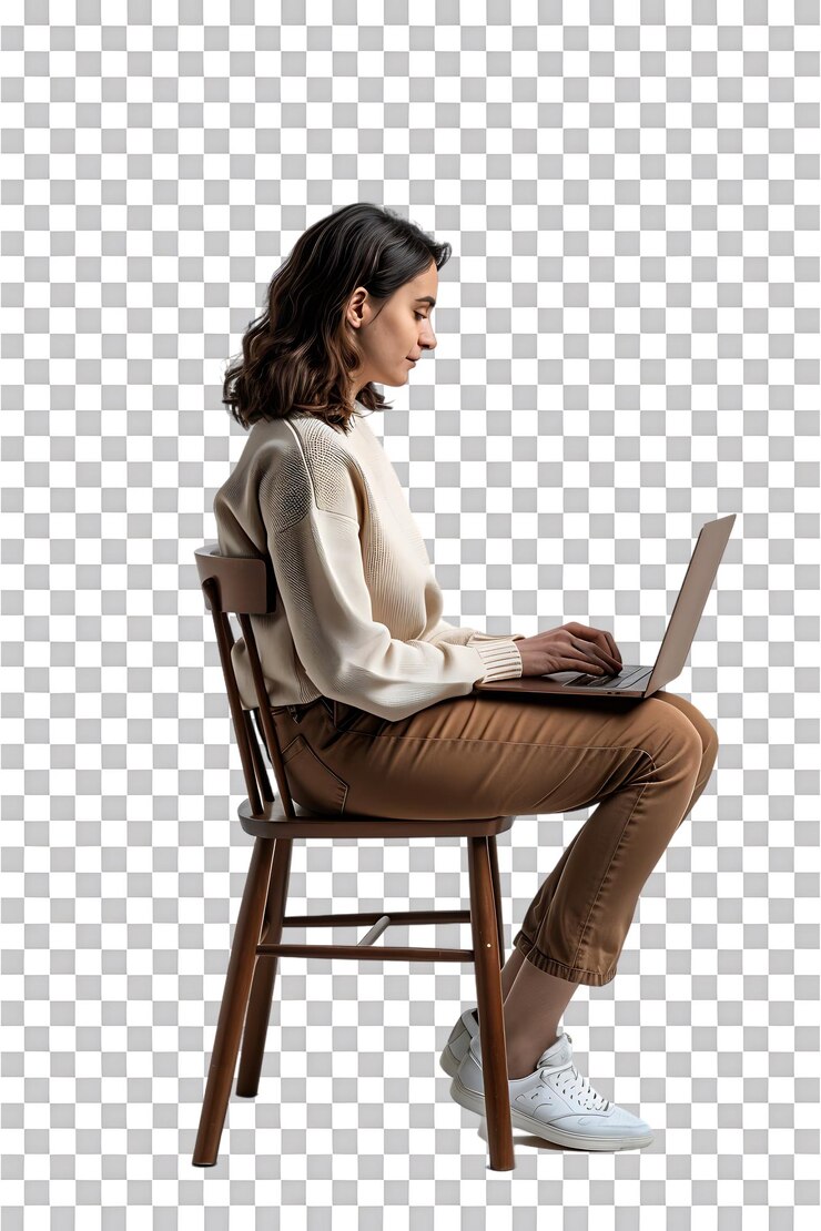 PSD mujer sentada en una silla y usando una computadora portátil aislada contra un fondo transparente