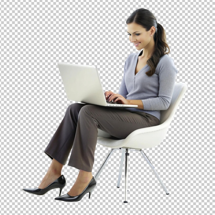 PSD mujer sentada en una silla usando una computadora portátil aislada sobre un fondo transparente
