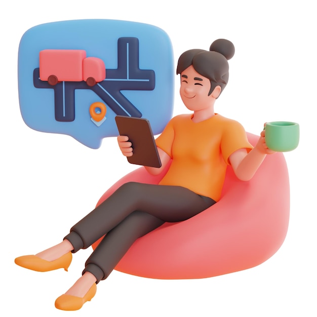 Mujer sentada en un sofá y esperando el personaje 3d de entrega para compras en línea