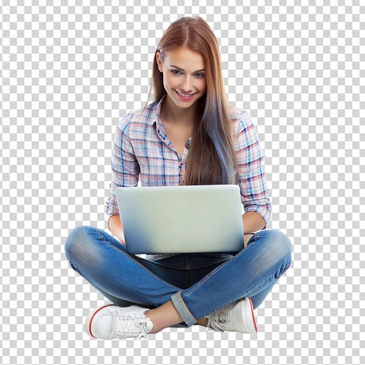 PSD una mujer sentada en el suelo usando una computadora portátil sobre un fondo transparente