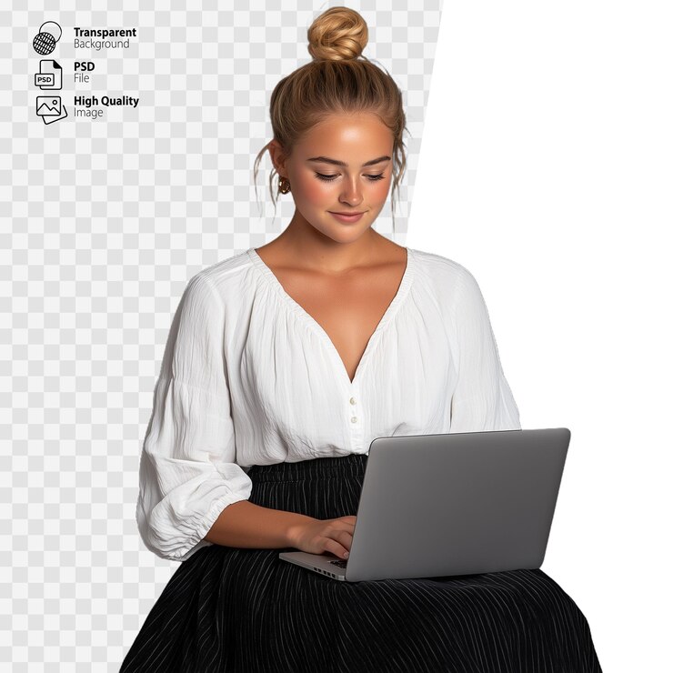 PSD mujer sentada y trabajando en una computadora portátil mientras usa una blusa blanca sobre un fondo transparente