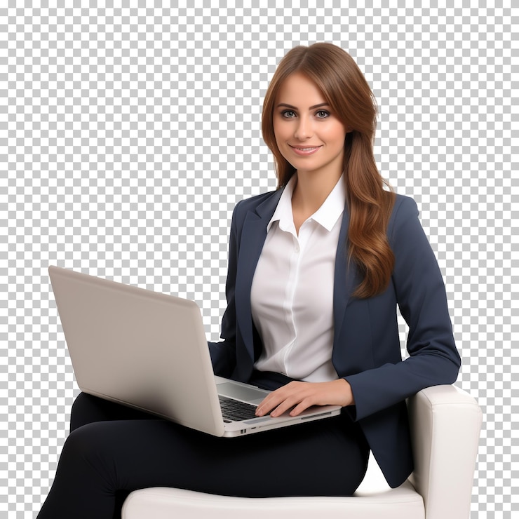 PSD mujer sentada usando una computadora portátil aislada sobre fondo transparente