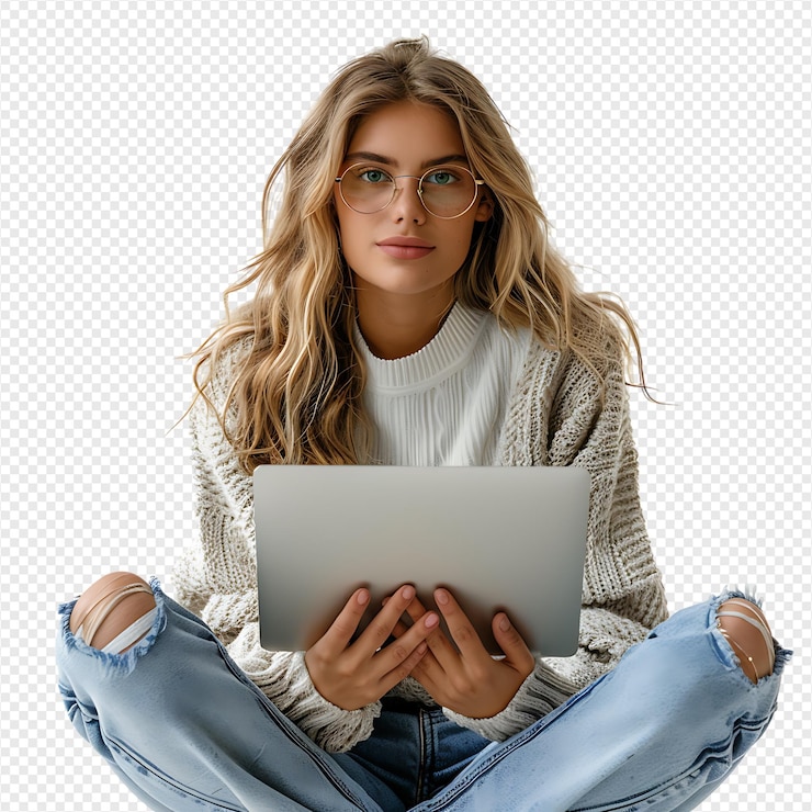 PSD mujer sentada usando una computadora portátil en un fondo transparente aislado