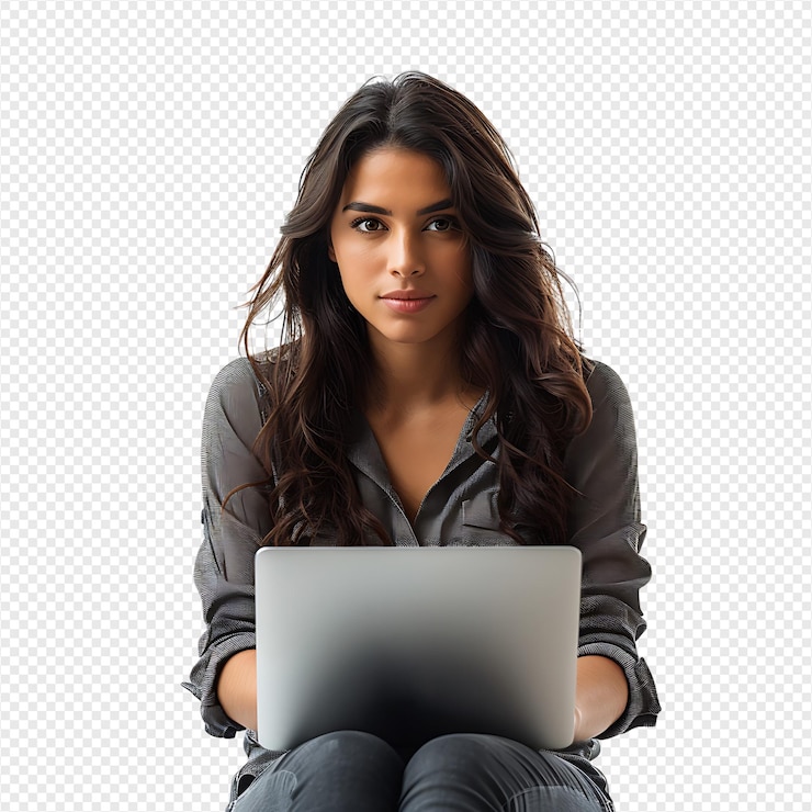 PSD mujer sentada usando una computadora portátil en un fondo transparente aislado