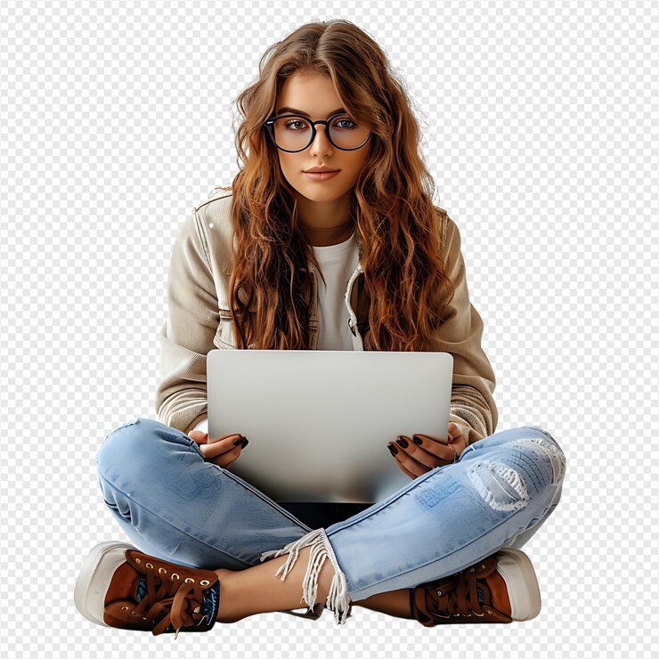 PSD mujer sentada usando una computadora portátil en un fondo transparente aislado