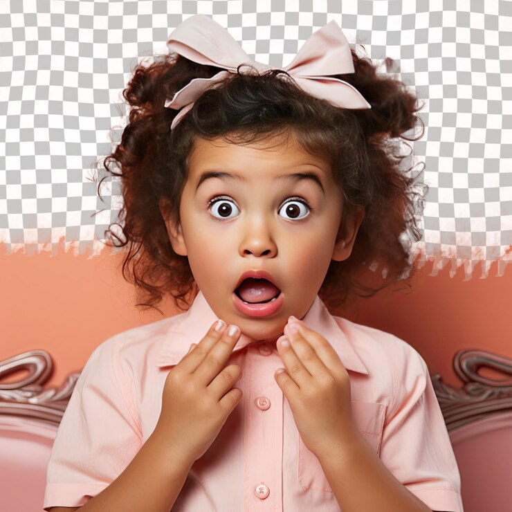 PSD una mujer shocked toddler con cabello pervertido de la etnia de los isleños del pacífico vestida con ropa de restaurador posa en un estilo de risa con la mano cubriendo la boca contra un fondo de salmón pastel