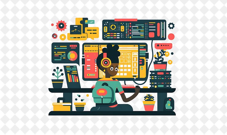 PSD una mujer se sienta en una computadora con una pantalla de computadora detrás de ella