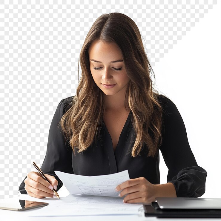 PSD una mujer se sienta en un escritorio escribiendo en un cuaderno con un bolígrafo y una pluma